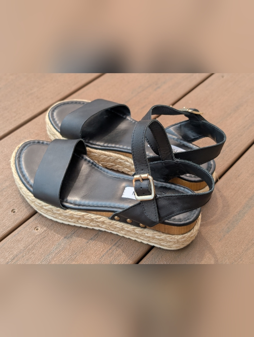 Steve Madden Black Leather Platform Wedge Espadrille Sandals, Size 7 Women